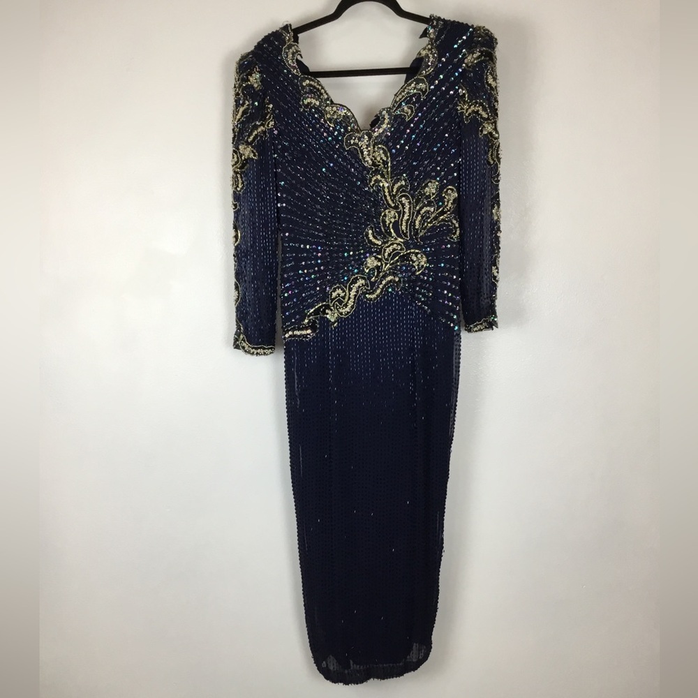 Vintage LANDA Silk Heavily Beaded Sequined Long Sleeve Formal Gown size 14